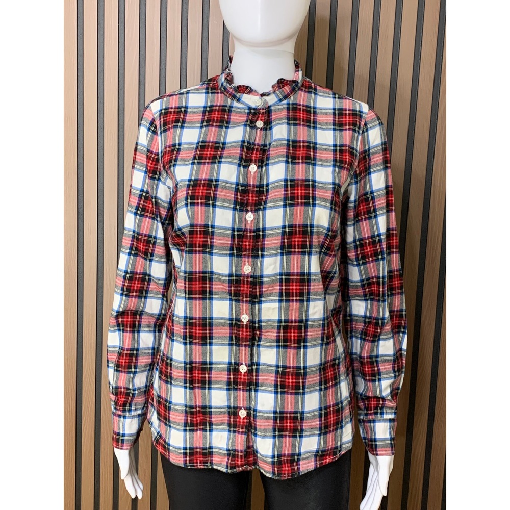 J.Crew Women's Red White Blue Plaid Ruffle Neck Cotton Button Down Shirt S